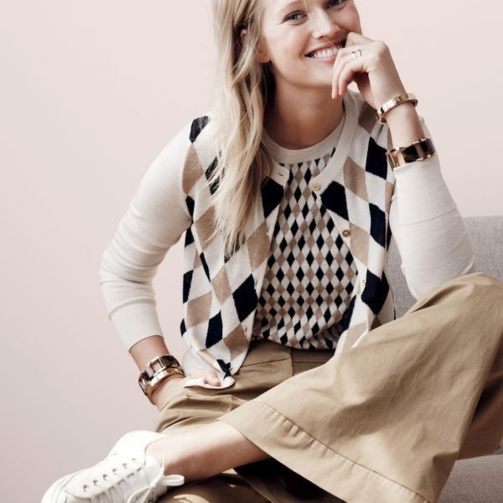 J CREW Gold Buttons Crew Neck Argyle Cardigan